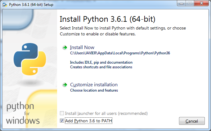 Ventana de instalación de python de 64 bits sobre Windows