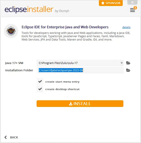 Selección de JDK y directorio de instalación de Eclipse